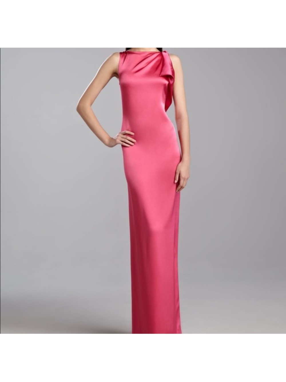St. John Fuchsia Satin Maxi Gown with Draped Shoulder